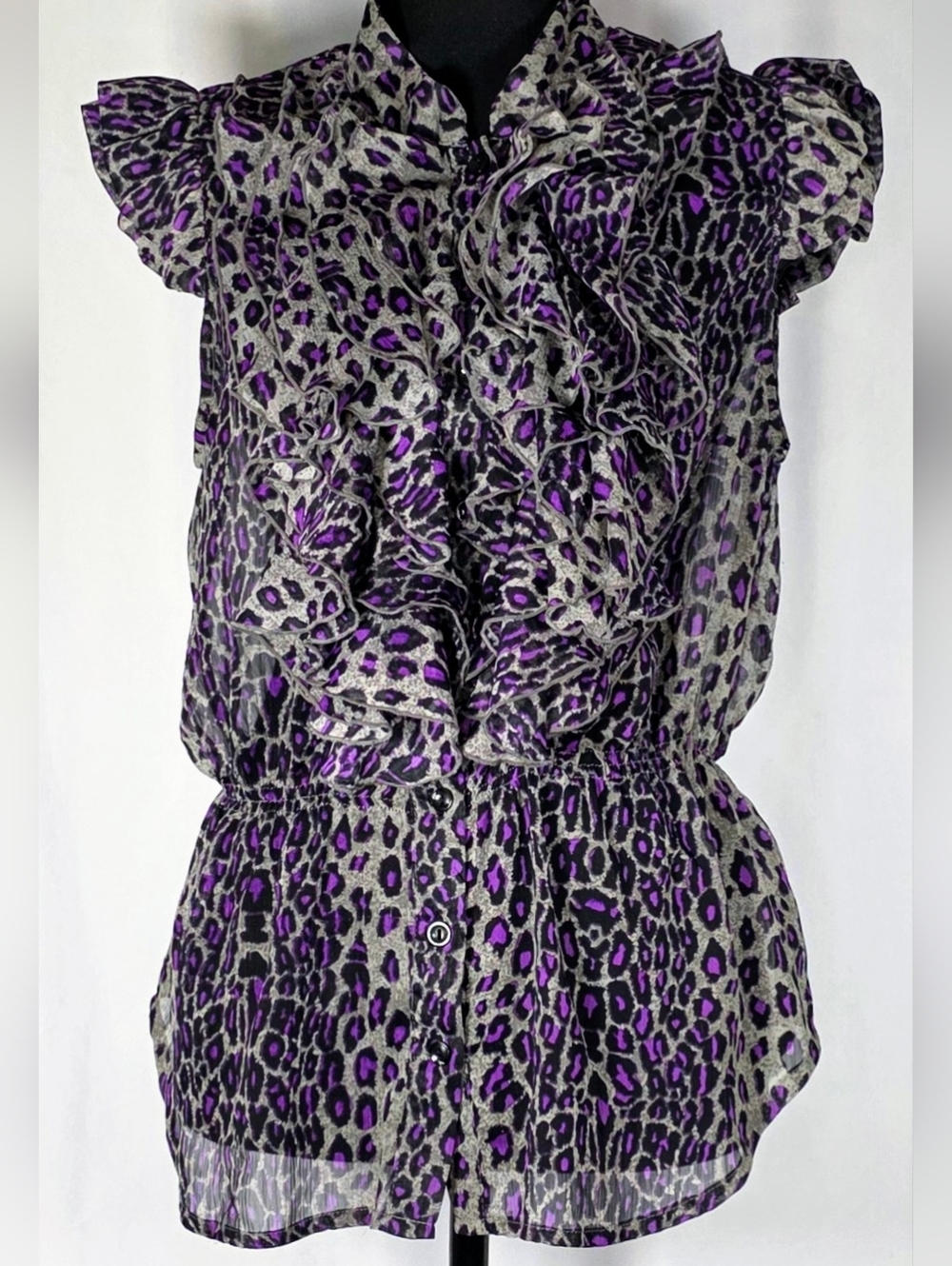 Miley Cyrus Max Azria Blouse Women XL Leopard Print Ruffle Sheer Peplum Top